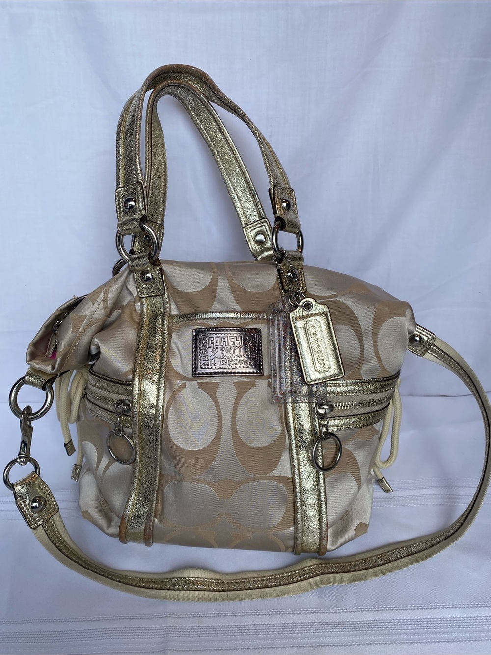 Coach Poppy Gold Signature Sateen Spotlight Tote with Metallic Trim